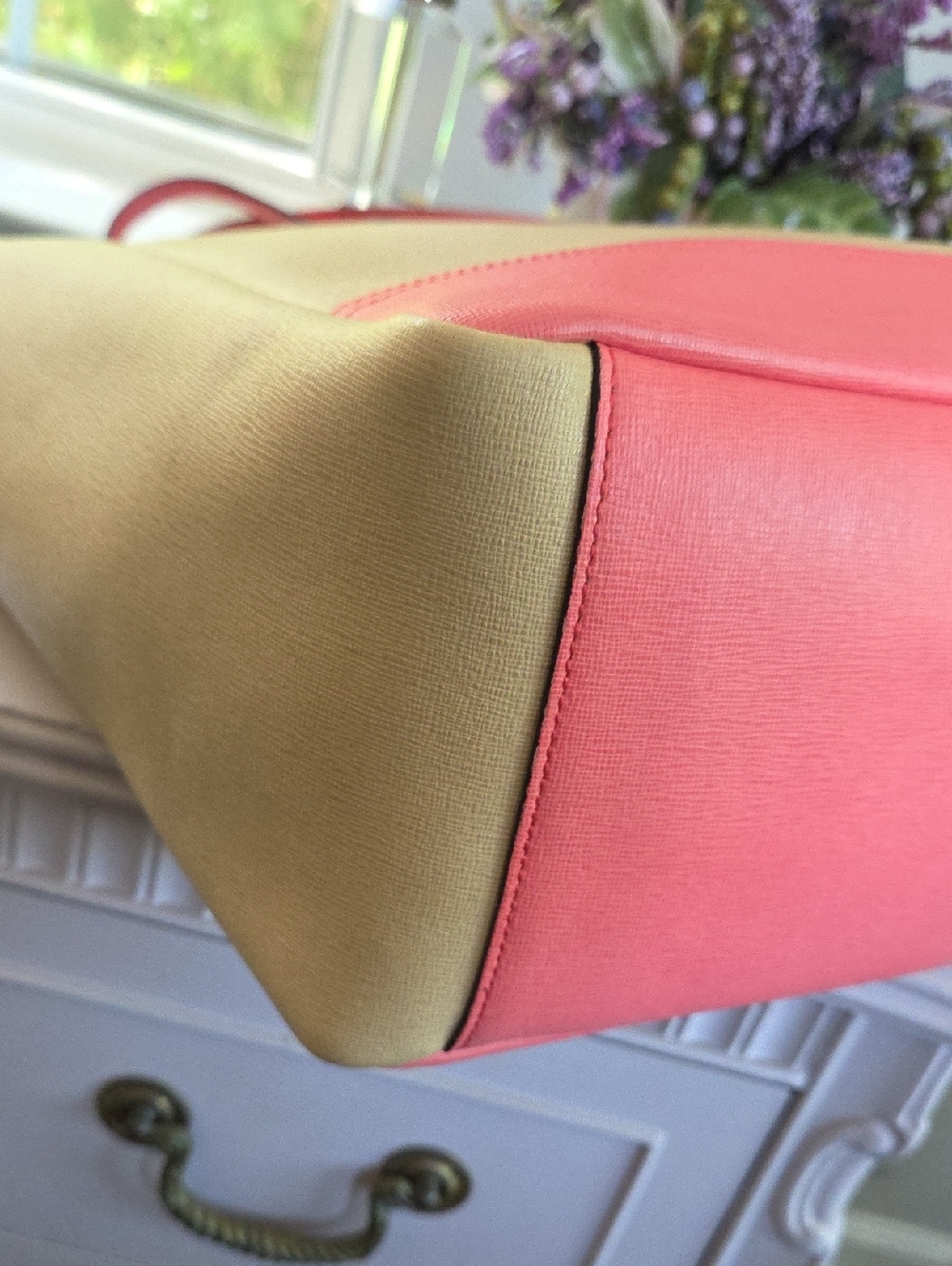 COACH Tan & Coral Pink Saffiano Leather Tote - Picture 11 of 16